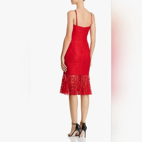 MILLY Kiss Red Lace Spaghetti Strap Slim Grace Dress With Flounce Hem - Picture 3 of 16